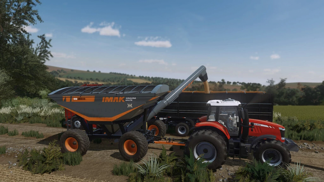 FS22 mod: IMAK Grain Trailer CG 28500 in use with a tractor, unloading grain in Farming Simulator 22.