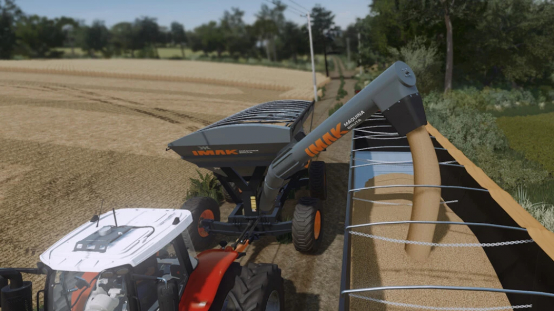 IMAK Grain Trailer CG 28500 in FS22 mod, unloading grain into a truck on a farm field.