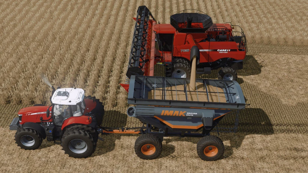 FS22 IMAK Grain Trailer CG 28500 v1.0.0.0 in action with tractor and harvester on a field.