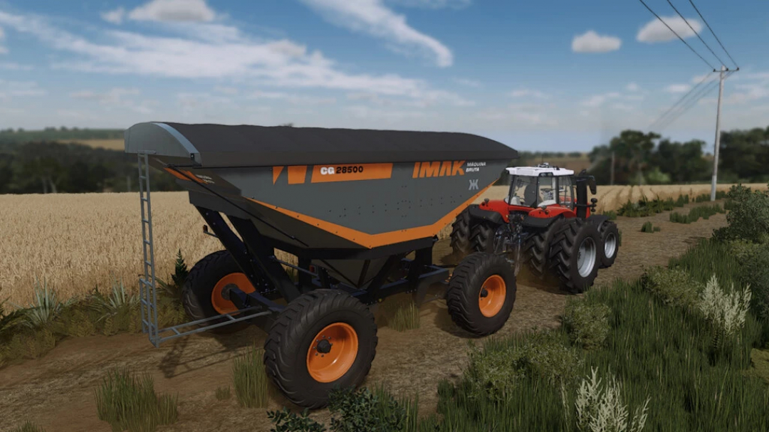 IMAK Grain Trailer CG 28500 mod in Farming Simulator 22, attached to a tractor on a rural path.