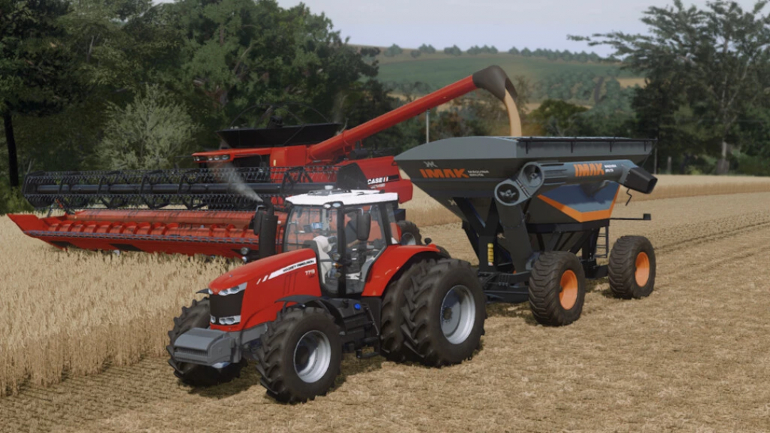 IMAK Grain Trailer CG 28500 mod in FS22, tractor loading grain from red harvester.