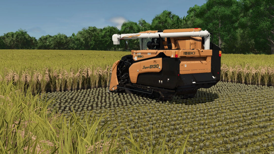 Iseki HJ 6130 mod harvesting in FS25, extended working width.