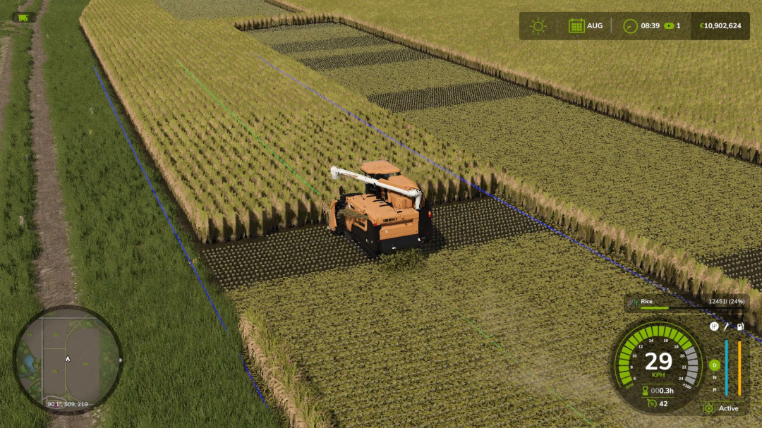 FS25 Iseki HJ 6130 mod harvesting field with extended working width, Farming Simulator 25 gameplay.