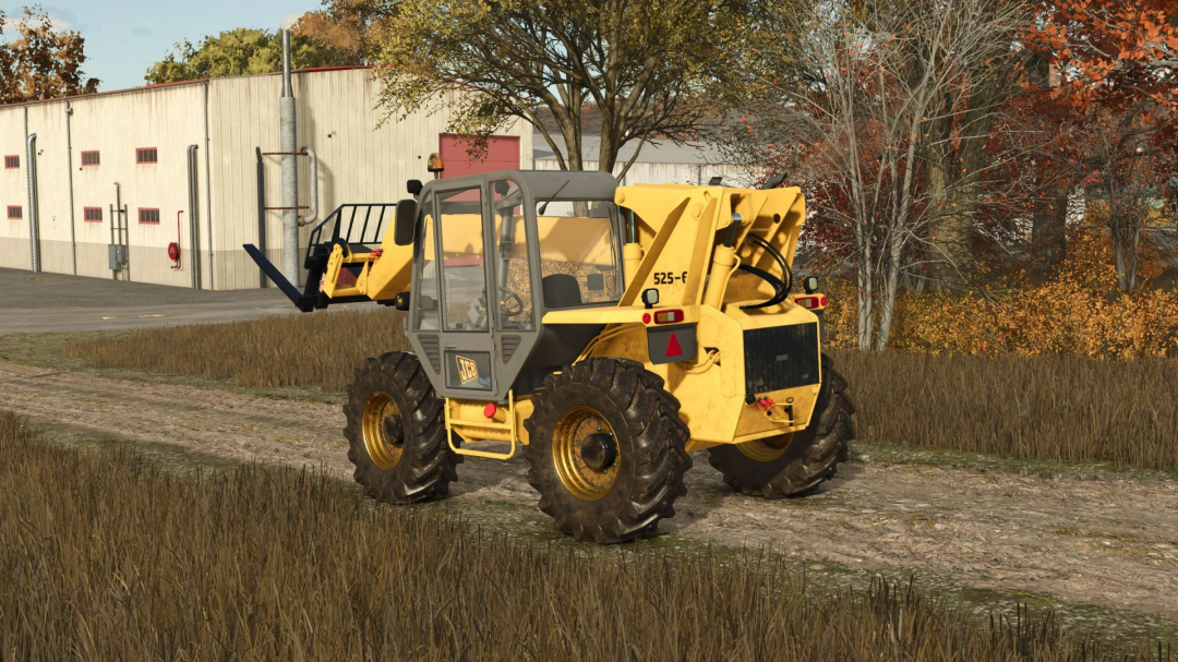 JCB 525-67 v1.0.0.0 mod for FS25 showing a yellow telehandler on a rural path.