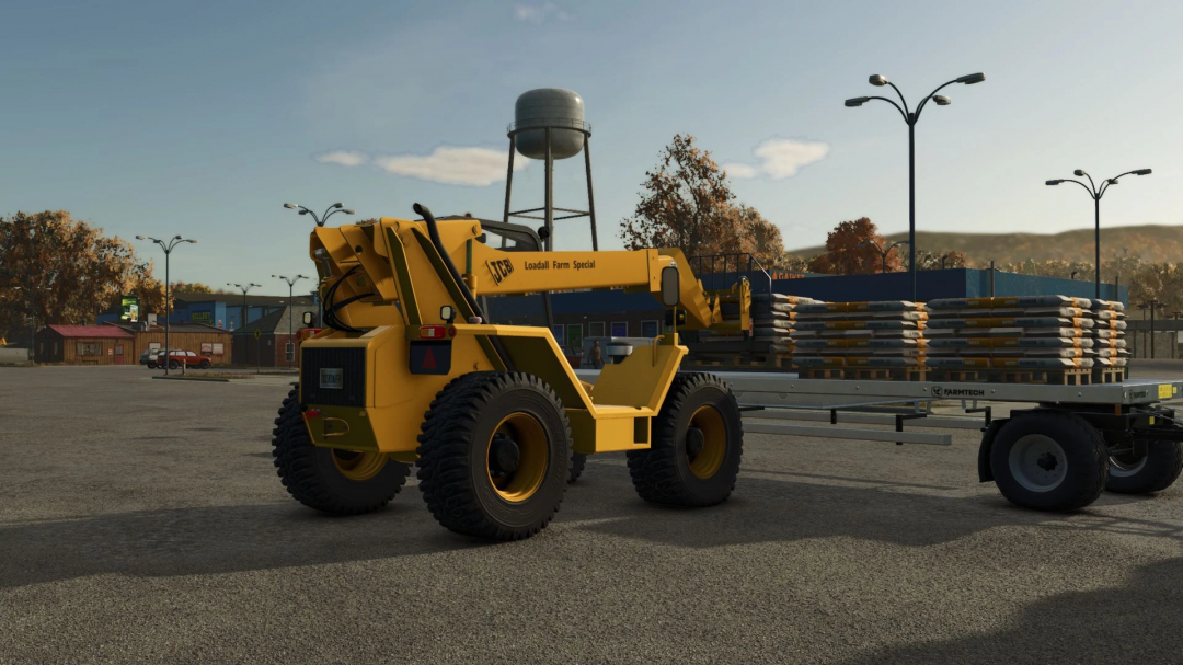 JCB 525-67 mod for FS25 loading pallets onto a trailer in Farming Simulator 25.