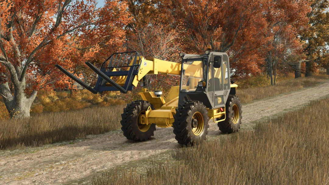 FS25 mod JCB 525-67 v1.0.1.0 telehandler on a dirt path with autumn trees.