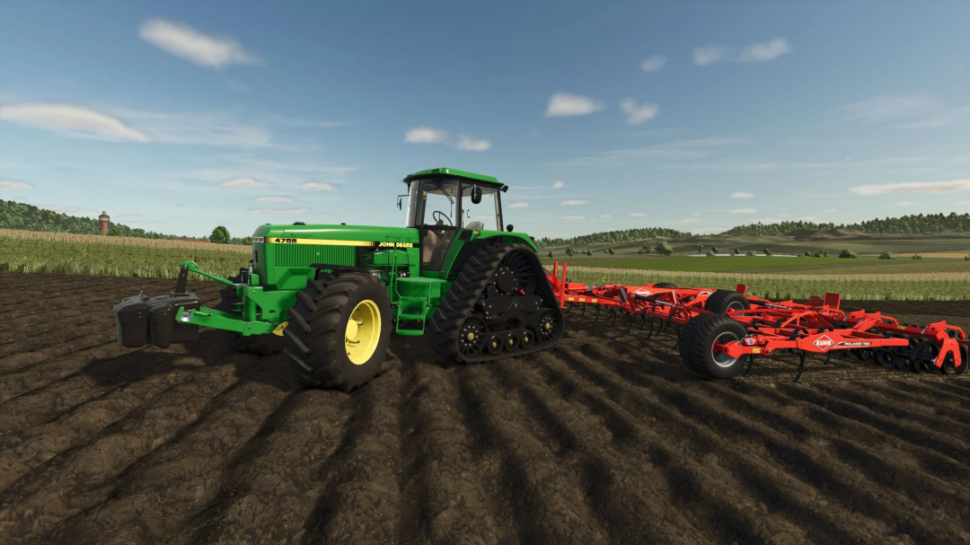 John Deere 4755 tractor on a field in FS25 mod, digital farming simulation.