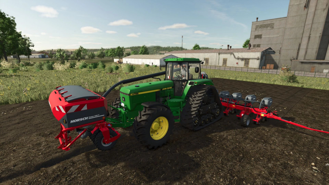 John Deere 4755 FS25 mod in Farming Simulator 25, featuring a tractor with Horsch Partner seeder attachment.