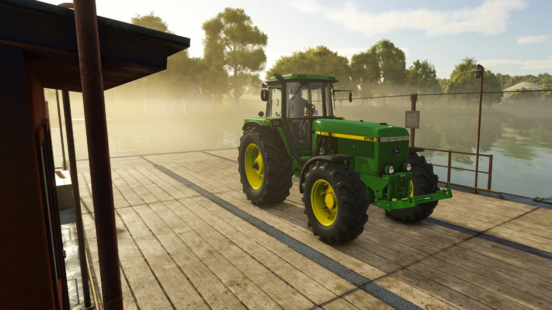 John Deere 4755 tractor on a wooden platform in FS25 mod, Farming Simulator 25 mods.