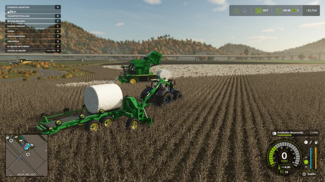 FS25 mods: John Deere Cotton Pack v1.0.0.0 showing cotton harvesting and bales in a field.