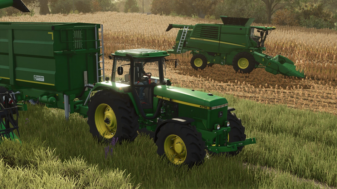 FS25 John Deere T560 Pack mod featuring tractor and combine in a field.