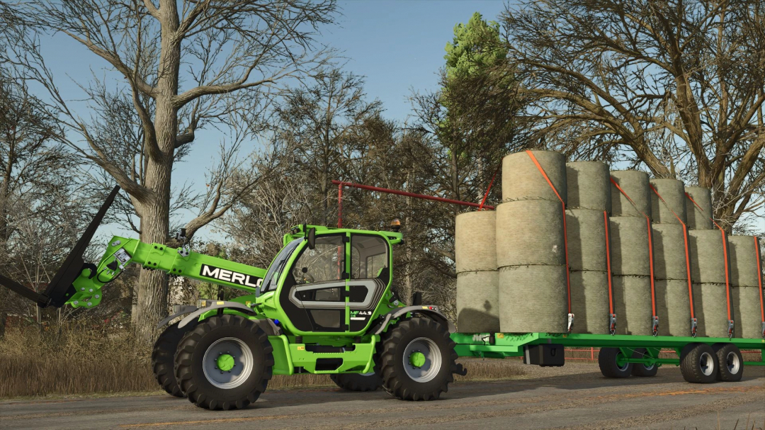 FS25 mod Joskin ST8000D12 v1.0.0.0 with green telehandler and hay bales.