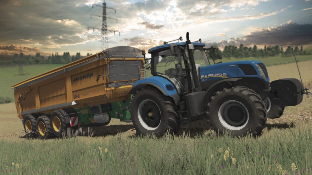 FS22 mod: New Holland tractor with Joskin Trans-SPACE 8000 Advantage trailer in a field at sunset.