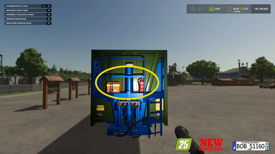 Farming Simulator 25 mod, Krampe SKS 30 150 New Generation, detailed view of equipment storage.