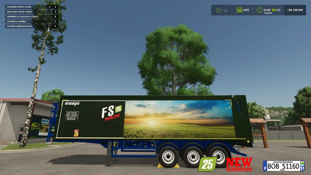 Krampe SKS 30 150 New Generation trailer in Farming Simulator 25 mod, showcasing a scenic field image.