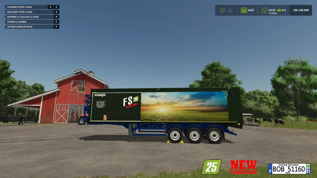 Krampe SKS 30 150 New Generation mod in Farming Simulator 25, trailer parked near a barn in a virtual countryside setting.