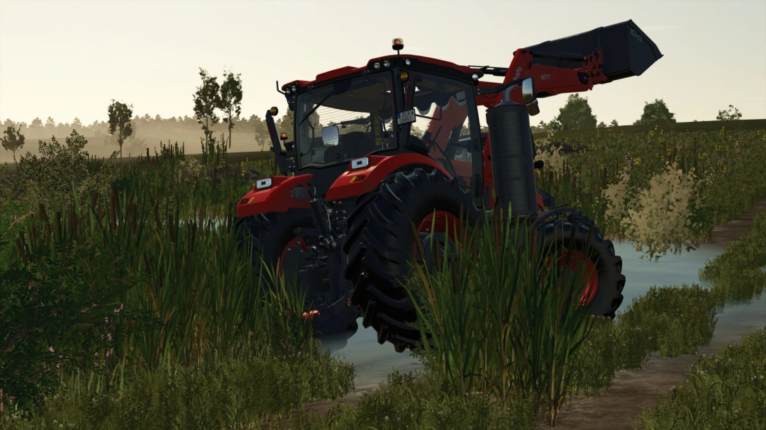 Kubota M8 Series tractor mod in Farming Simulator 25 driving through a grassy field with a loader attachment.