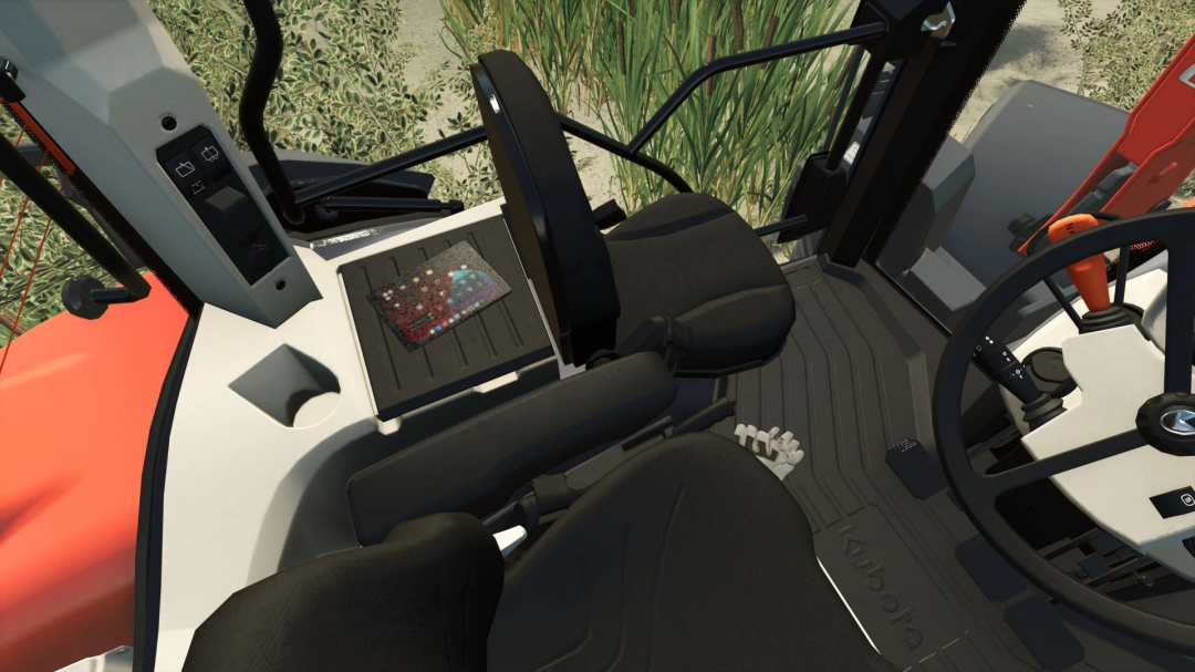 Interior view of the Kubota M8 Series tractor mod for FS25, showcasing the detailed dashboard and control panel.