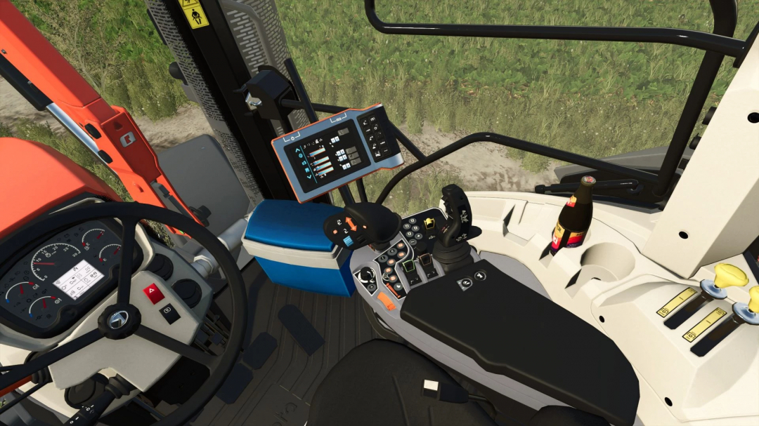 Kubota M8 Series tractor cabin in FS25 mod, showcasing dashboard and controls.