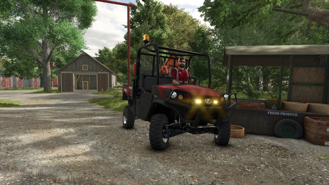 Kubota XG850 Sidekick mod in Farming Simulator 25, parked near a barn with produce stand.