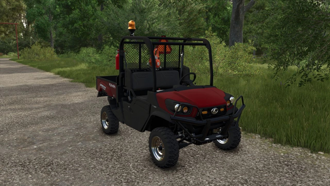 Kubota XG850 Sidekick mod in FS25, showcased on a forest path in Farming Simulator 25.