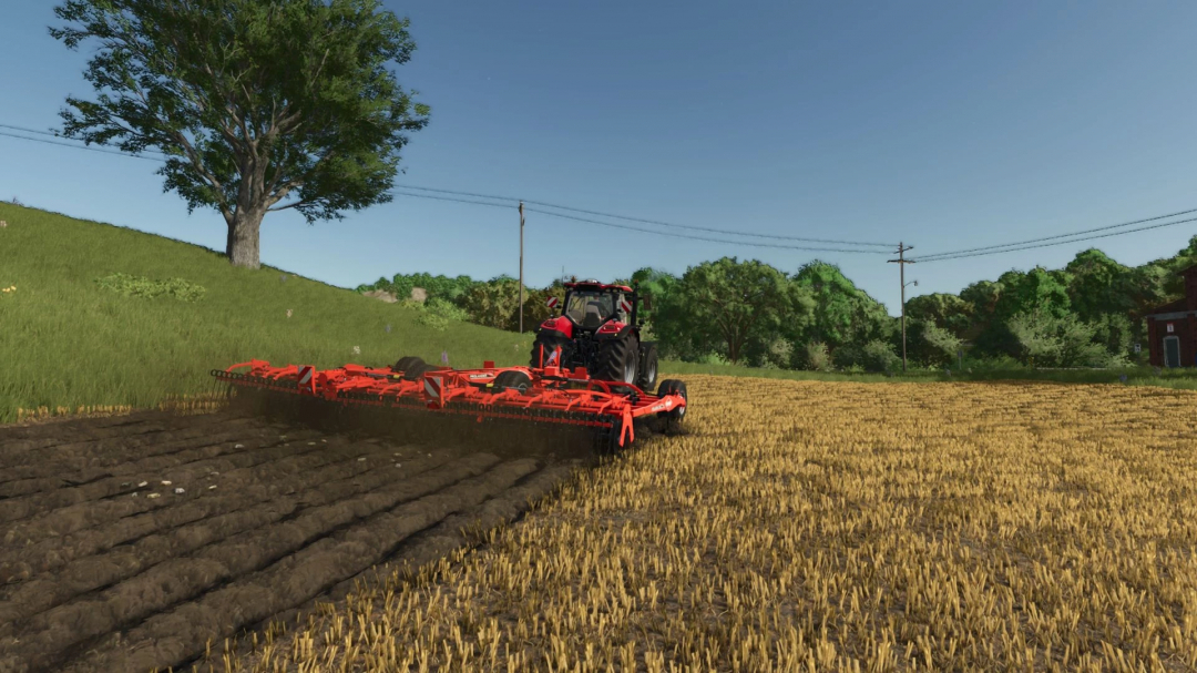 Tractor using Kuhn Prolander 7500 Plow in Farming Simulator 25 mod, cultivating a field.