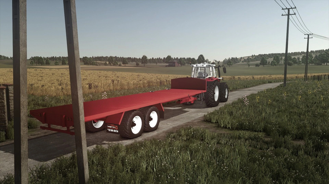 FS25 mod Larrington 32ft v1.0.0.0 trailer on rural road with tractor in Farming Simulator 25.