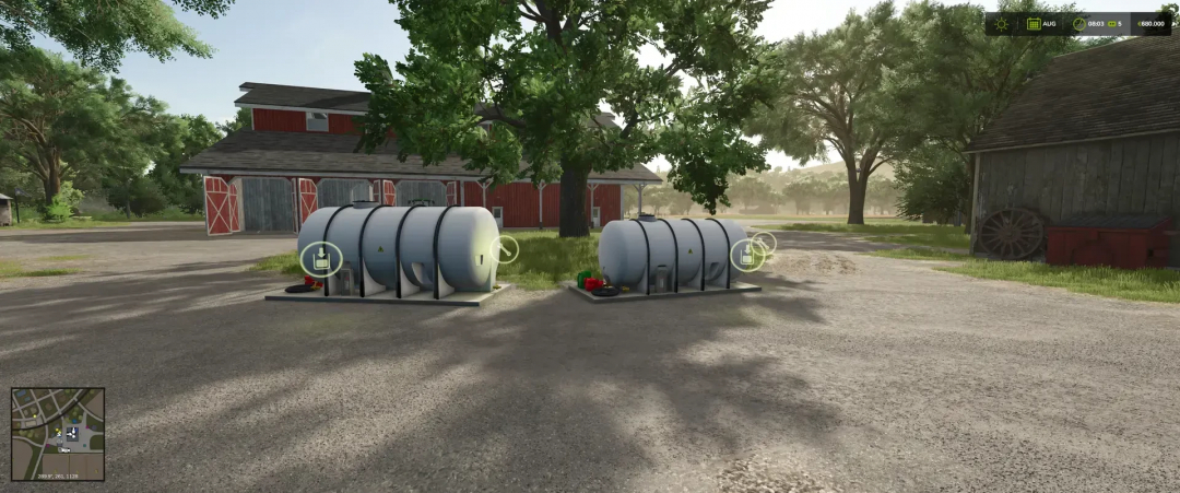 FS25 mods: Liquid Fertilizer and Herbicide Storage v1.0.0.0 mod showcasing storage tanks near a farm building in Farming Simulator 25.