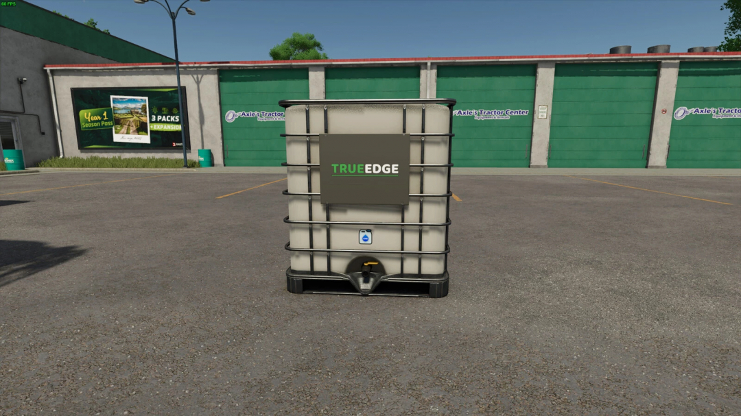 FS25 mod Liquid Lime v1.0.0.0 showing a container of TrueEdge lime outside Axle's Tractor Center.