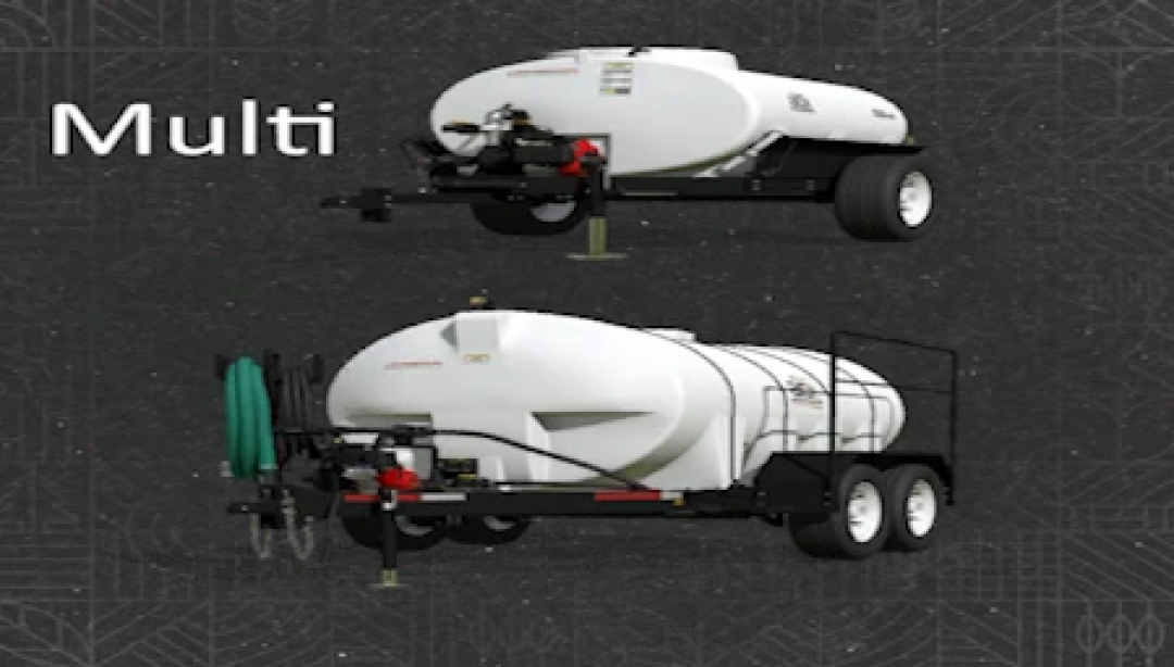 Liquids Transporter Multi v1.0.0.0 mod for FS25, showcasing two white liquid transport trailers against a dark background.