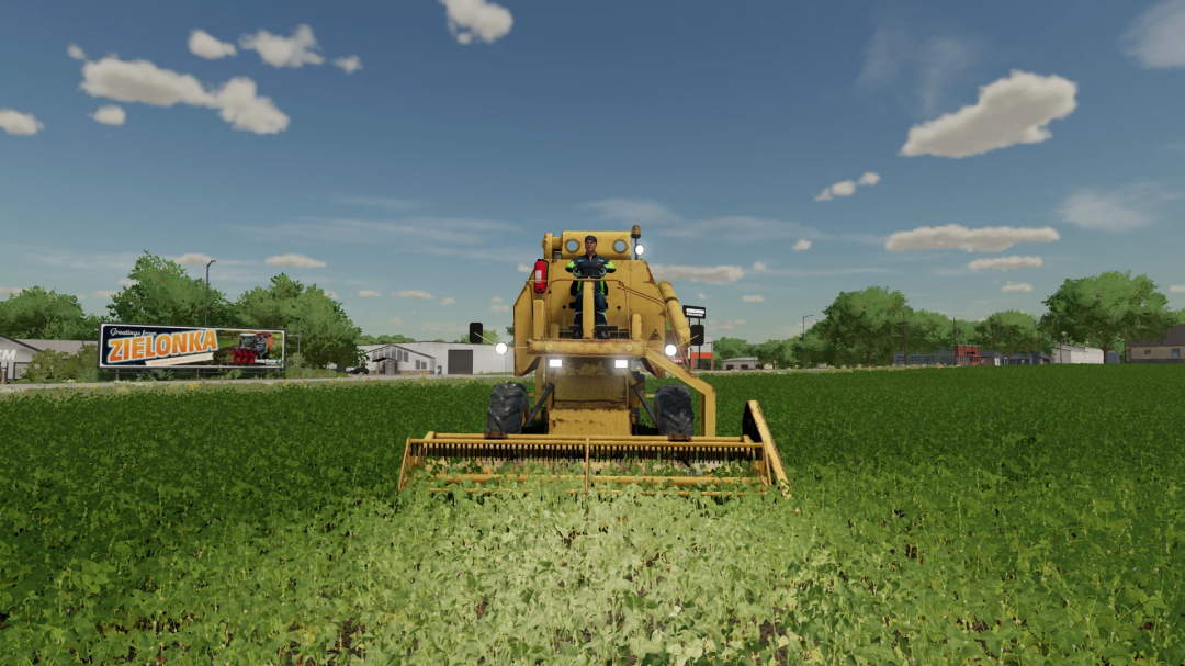 Lizard 7210 harvesting in FS22 mod, farming landscape with billboard.