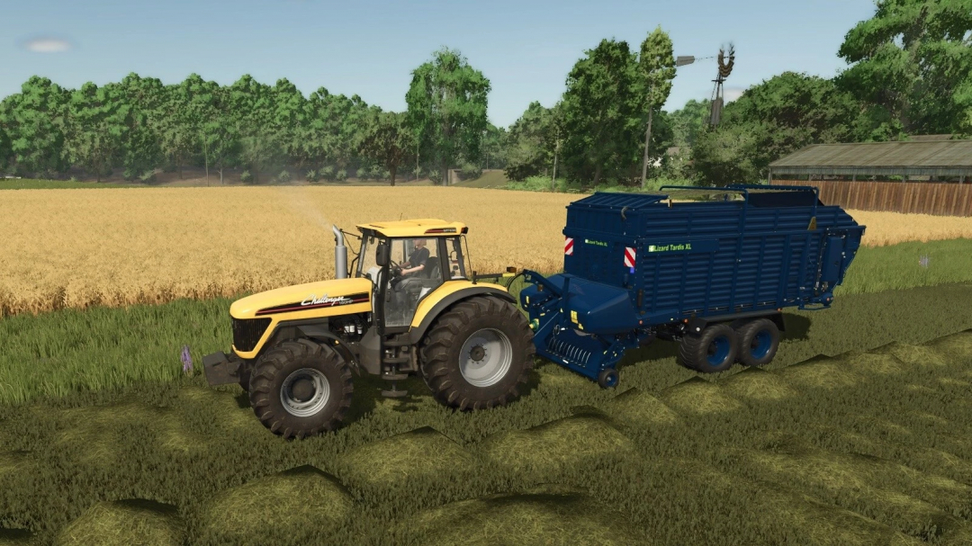 FS25 mod Lizard Tardis v1.0.0.0 showing yellow tractor pulling a blue trailer on a field.