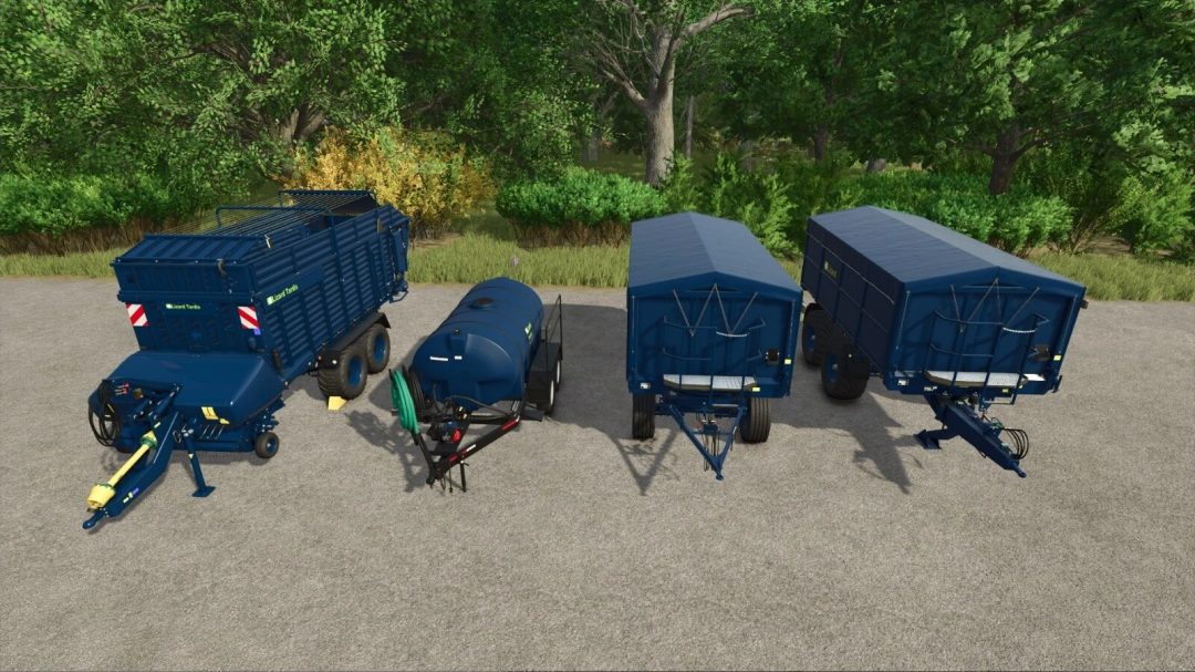 FS25 mods Lizard Tardis v1.0.0.0 featuring four blue trailers for Farming Simulator 25, parked on a paved area with greenery.