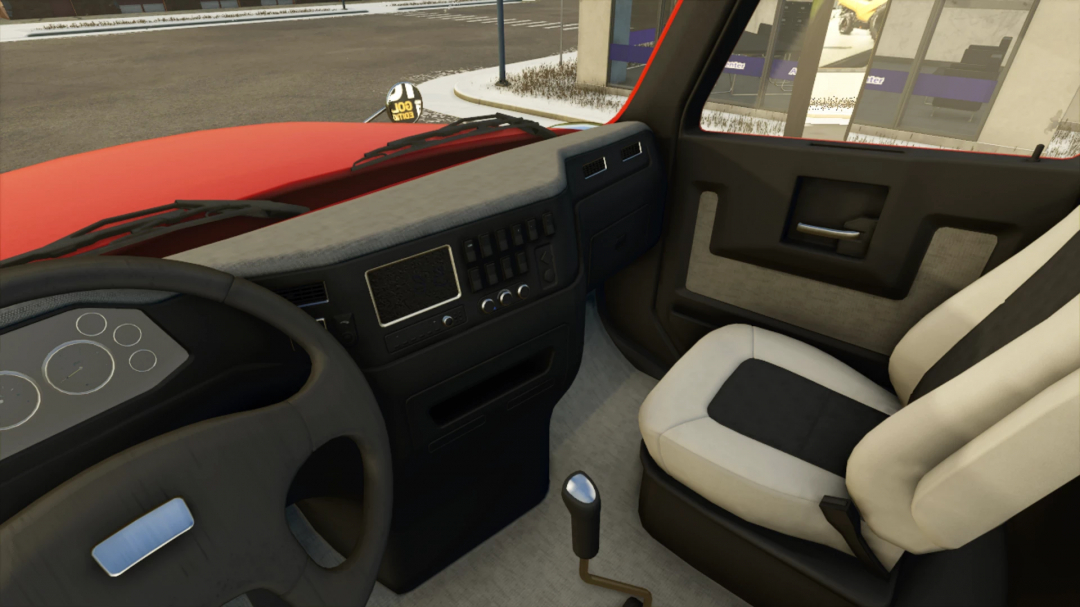 Interior view of the Lizard Warrior truck mod in FS25, showcasing steering wheel and seat design.