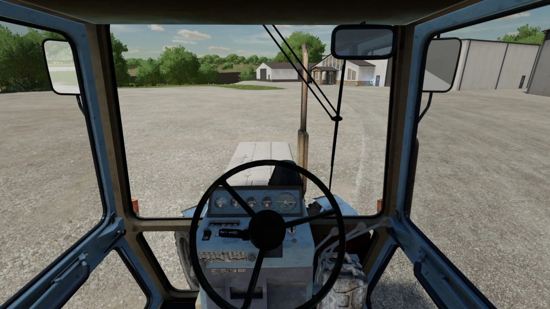 Interior view of MTZ-100 v1.1.0.0 mod for Farming Simulator 22, showcasing dashboard and steering in the game environment.