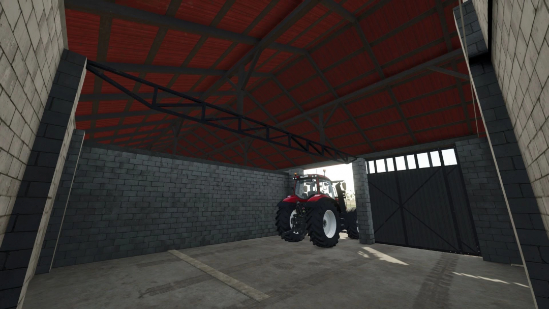 Machine Storage v1.0.0.0 mod in FS25 showing a tractor inside a brick garage.