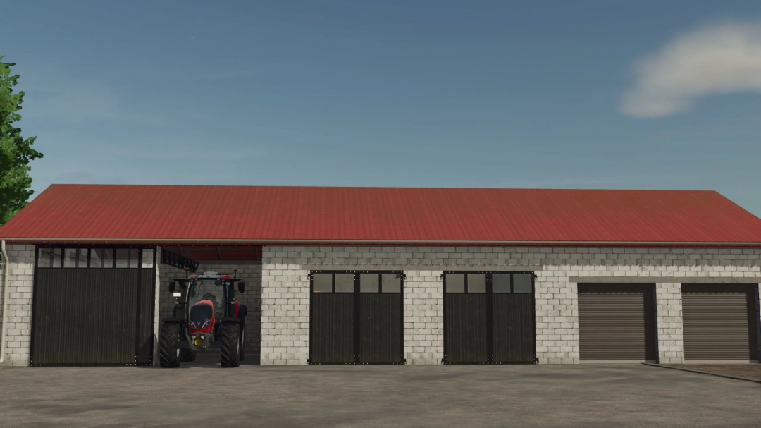 FS25 mod Machine Storage v1.0.0.0 showing a brick storage building with a red roof and open garage doors housing a tractor.