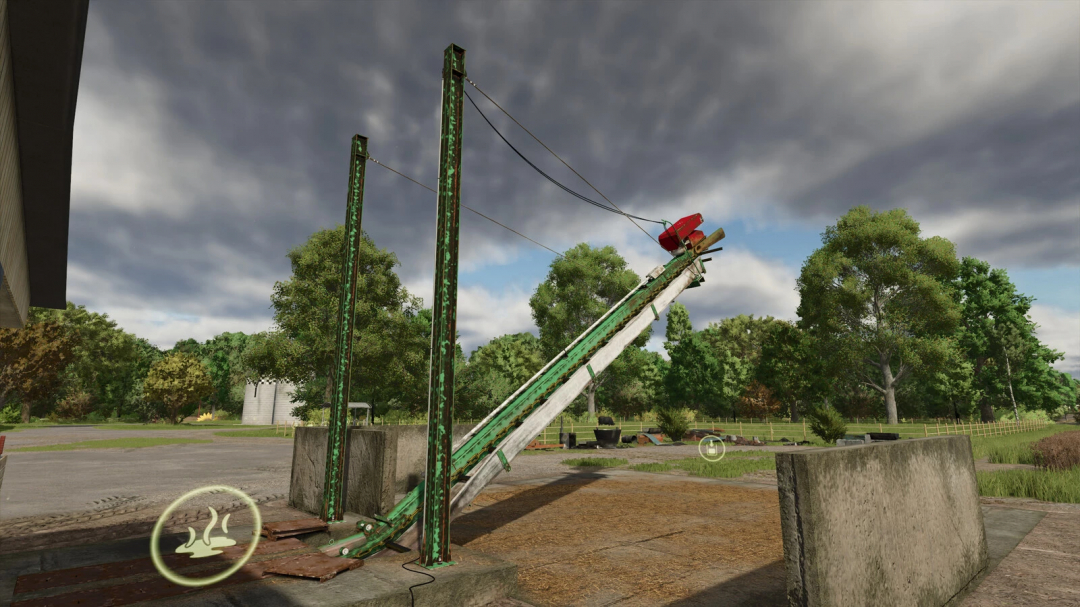 FS25 mod Manure Evacuator v1.0.0.0 in a farm setting, showing a large green machine with cables under a cloudy sky.