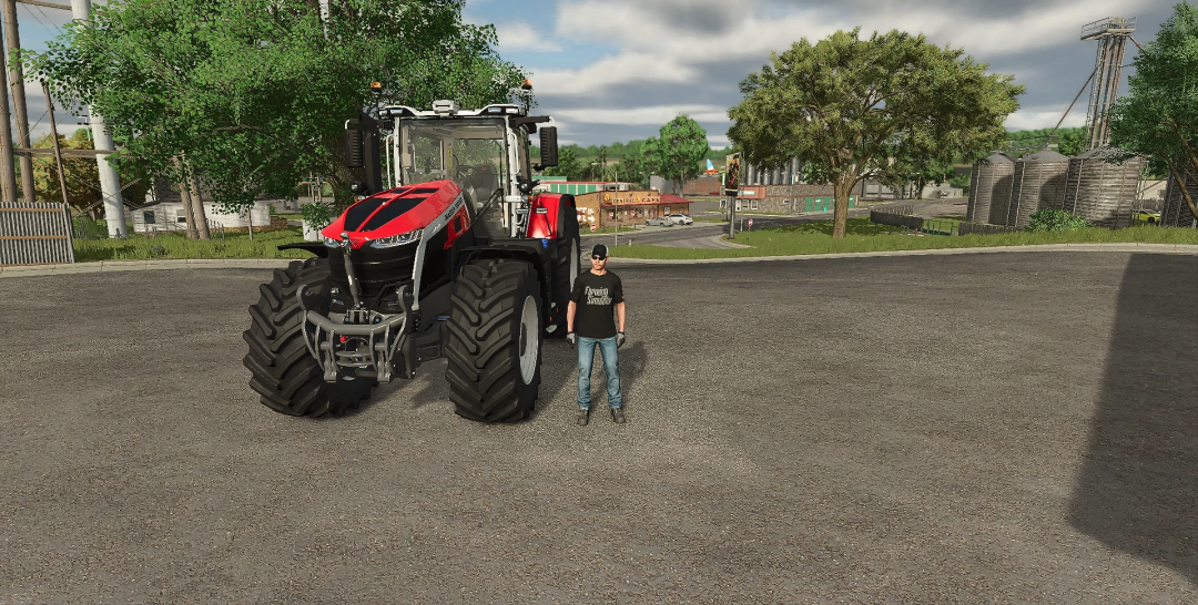 Massey 9S tractor mod in Farming Simulator 25 with player character standing beside it.