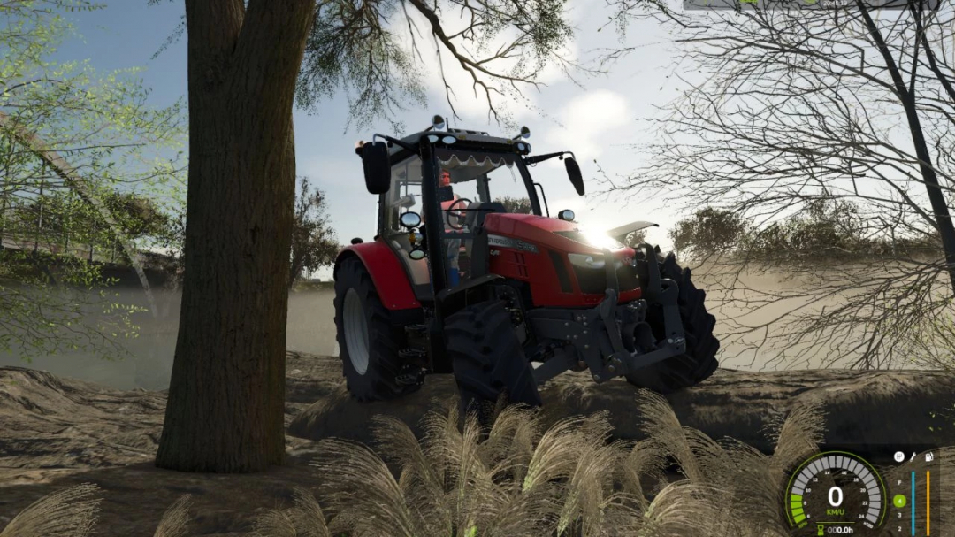 Massey Ferguson 5700S Big Edit mod in FS25, depicting a red tractor navigating a rural landscape.