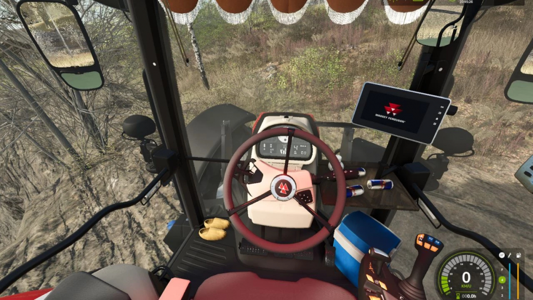 Interior view of Massey Ferguson 5700S Big Edit tractor mod in FS25, showcasing steering and dashboard.