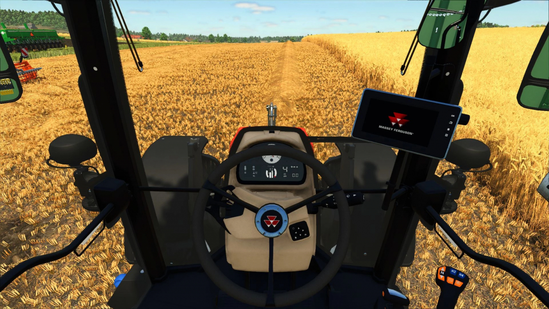 FS25 mod Massey Ferguson 5S Edit v1.0.0.0 showing tractor cockpit view in a wheat field.