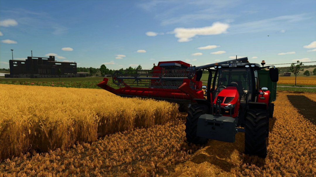 Massey Ferguson 5S Edit mod in FS25 harvesting a wheat field.