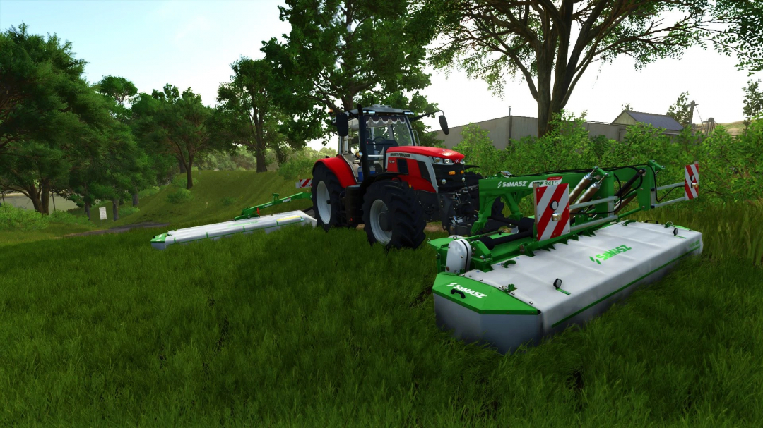 Massey Ferguson 7S Edited in FS25 mod mowing a lush green field.