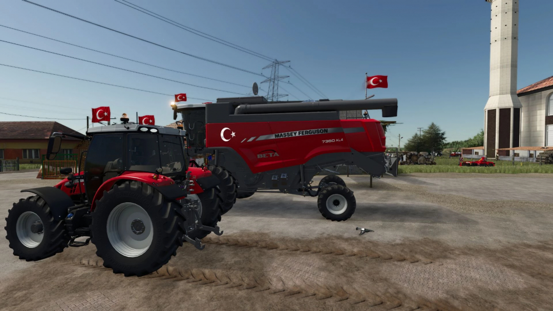 FS25 mod Massey Ferguson Beta 7360 v1.1.0.0, featuring Turkish flag decals on a tractor and harvester, in a farm setting.