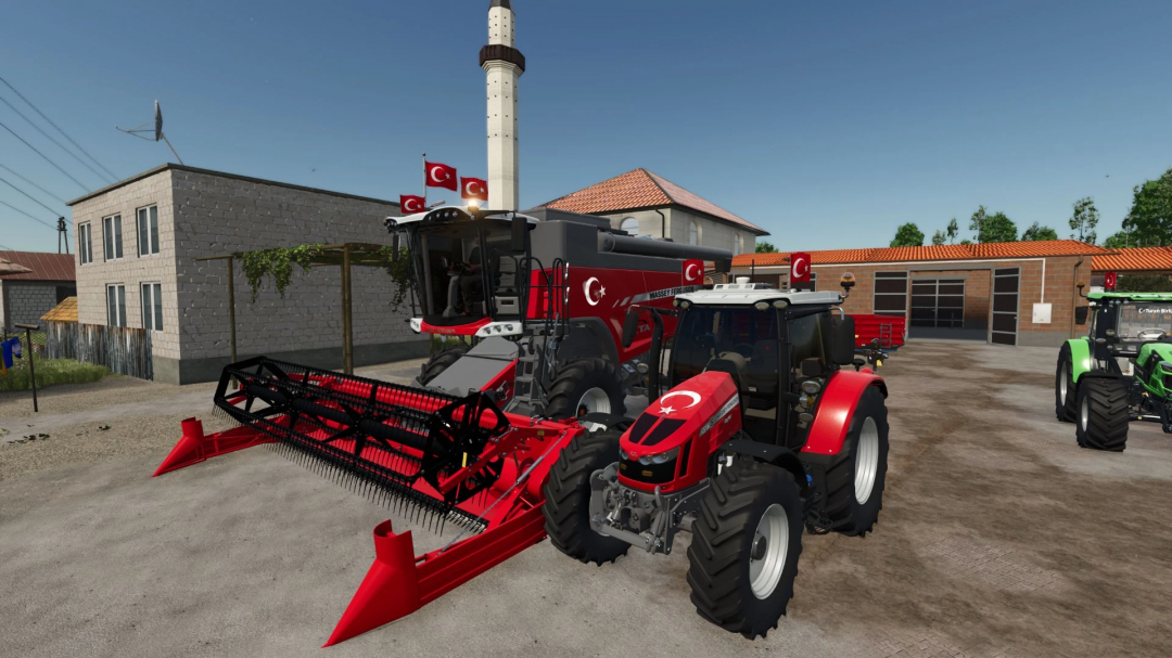 FS25 mods showcase with Massey Ferguson Beta 7360 v1.1.0.0 tractor and harvester with Turkish flags.