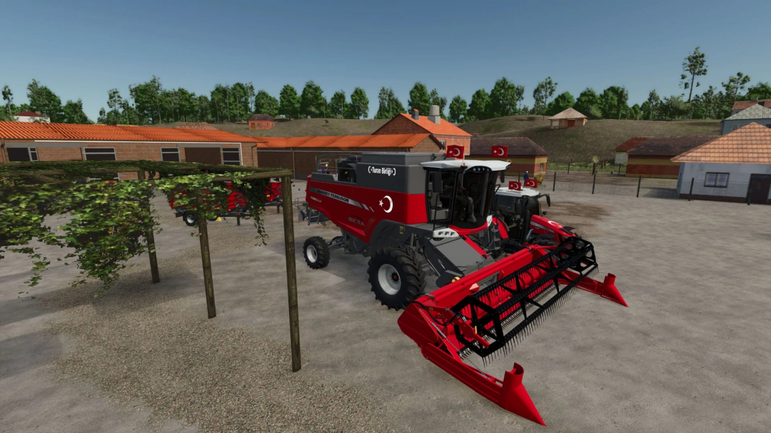 Massey Ferguson Beta 7360 mod in FS25, farm setting with red combine harvester.