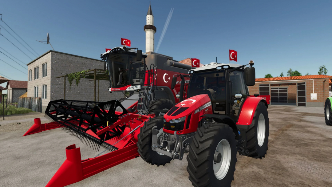 Massey Ferguson 7360 combine and tractor with Turkish flags in FS25 mod.