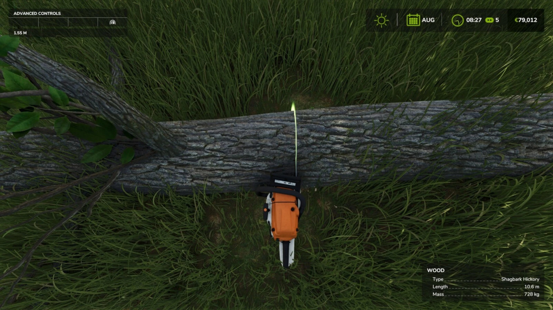 FS25 mod Measure v1.0.0.0 showing a chainsaw measuring a log, details include length and mass of Shagbark Hickory.