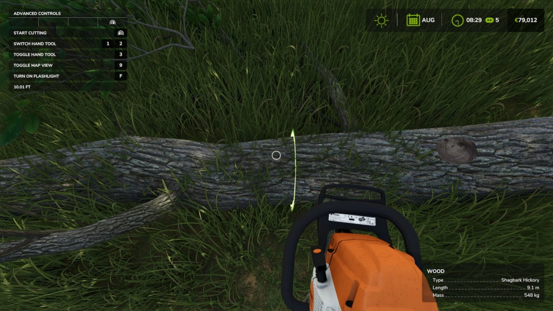 FS25 mod Measure v1.0.0.0 displays a chainsaw cutting a Shagbark Hickory log with length and mass details in Farming Simulator 25.